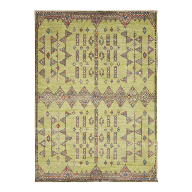 Modern Khotan Style Hand-Knotted Wool Rug - Green & Earth Tone Geometric Design For Sale
