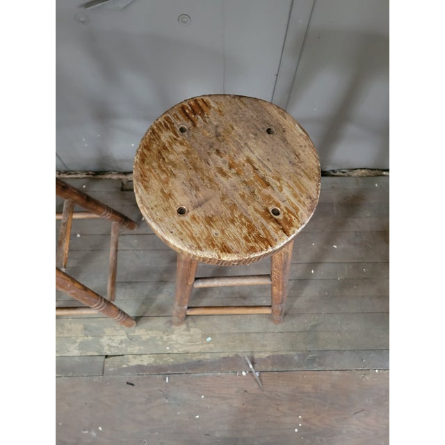 Brown Antique Primitive Wooden Pub Stools For Sale - Image 8 of 11