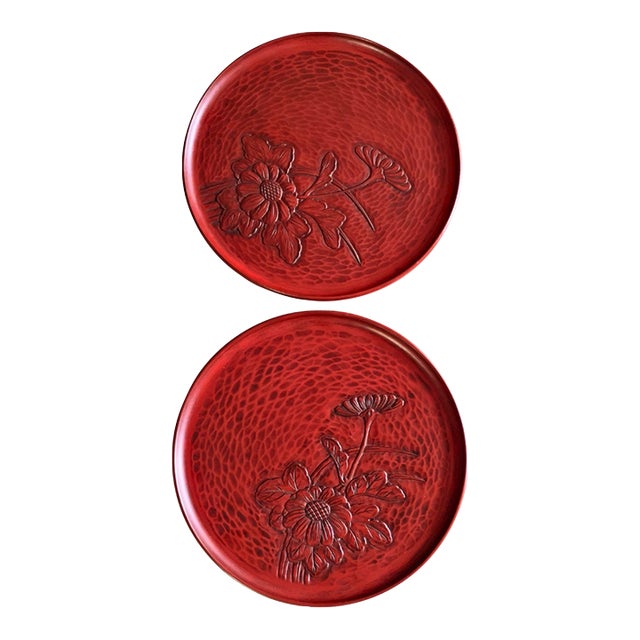 Mid 20th Century Japanese Kamakura-Bori Carved Lacquer Trays - Pair For Sale