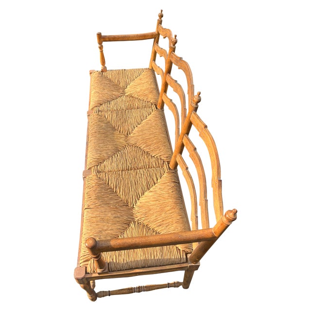 Wood Vintage French Style Pine Bench Settee With Rope Rattan Has Cushion For Sale - Image 7 of 11