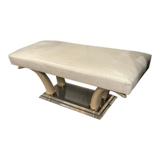 Faux Crocodile Upholstered Bench With Faux Horn & Lucite Base For Sale