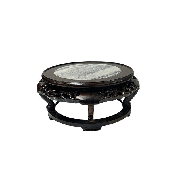 8.25" Oriental Brown Wood Marble Round Table Top Stand Riser For Sale - Image 4 of 8