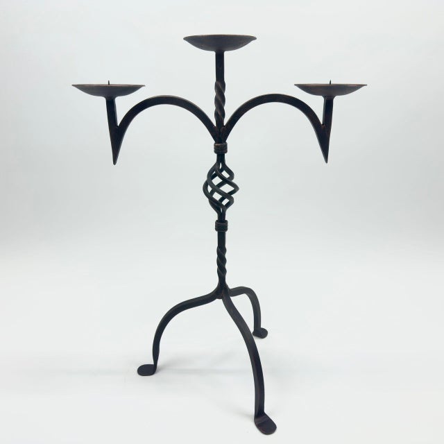 Metal Hand Forged Iron Candelabra 23″ (58cm) Antique Copper Electrostatic Finish Wide Tabletop Centerpiece Decor For Sale - Image 7 of 8