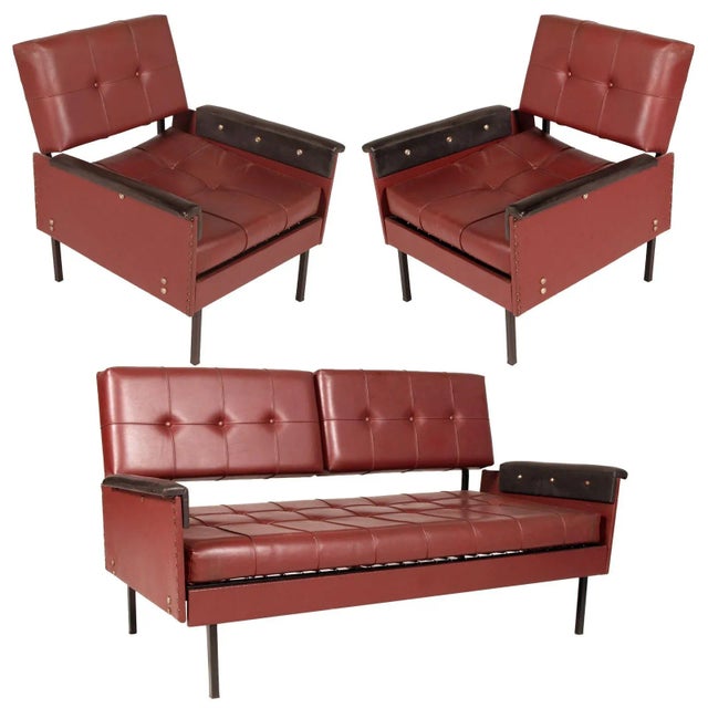 Italian Cubist Iron & Faux Leather Armchairs and Daybed, 1960s, Set of 3 For Sale - Image 12 of 12