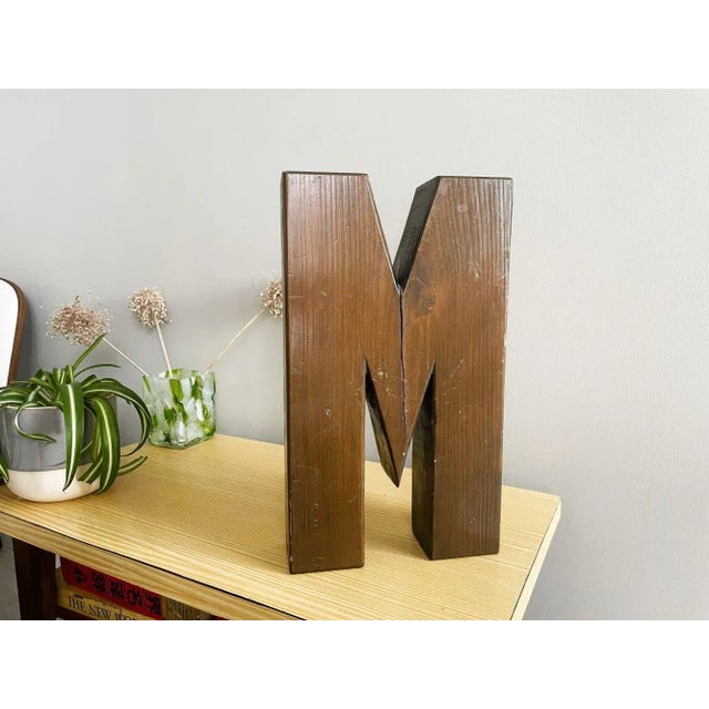Mid-Century Modern Large Industrial Portuguese Wood Signage Lettering Letter M, 1960s For Sale - Image 3 of 9