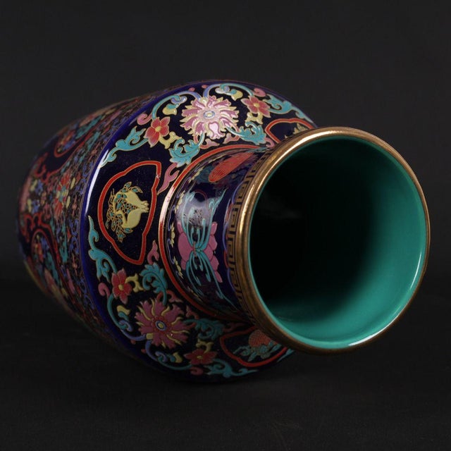 Ceramic Dark Blue Ground Famille Rose Shou Symbol Floral Rouleau Vase, Chinoiserie Decor Vessel For Sale - Image 7 of 9