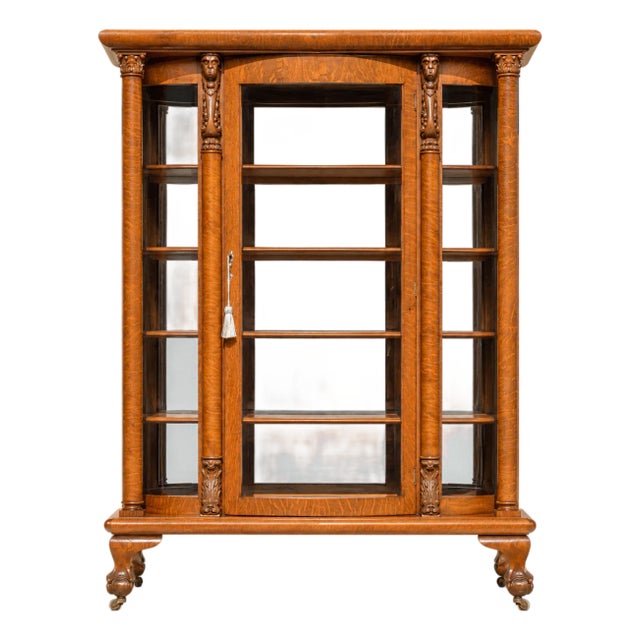 Antique 1900 American Oak Triple Curved Glass China Cabinet | Carved Lion Head & Claw Foot | Bow- Front China Cabinet For Sale