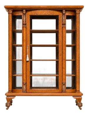 Antique 1900 American Oak Triple Curved Glass China Cabinet | Carved Lion Head & Claw Foot | Bow- Front China Cabinet