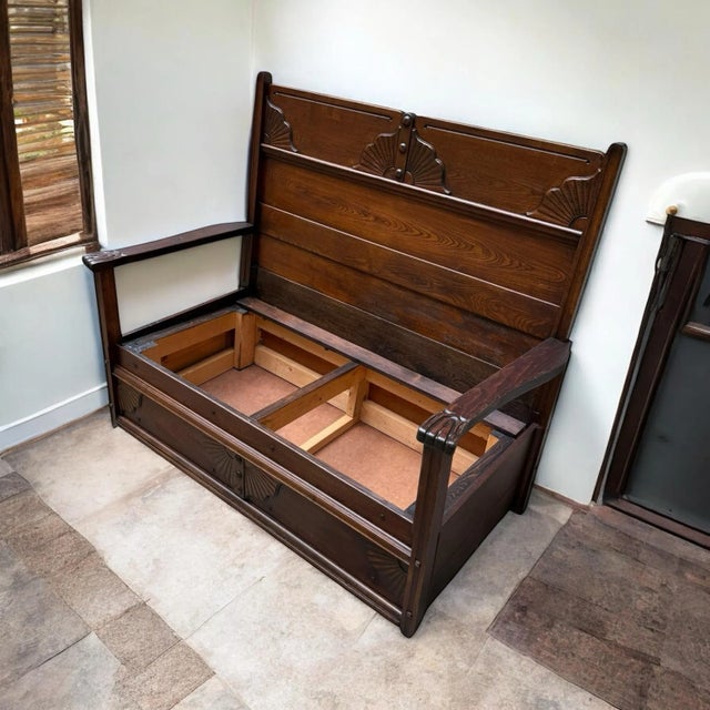 Antique Victorian Eastlake High Back Box Settle Bench With Storage For Sale - Image 4 of 17