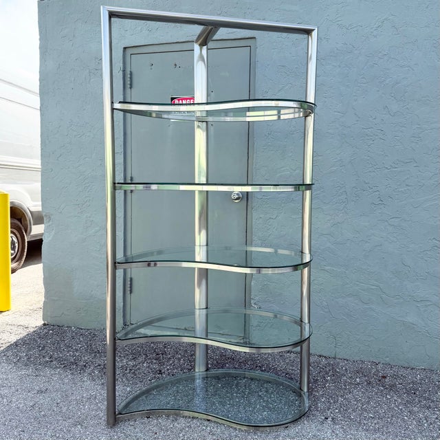 Metal Postmodern Sculpted Brushed Metal Etagere/Bookshelf With Tear Drop Glass Shelves For Sale - Image 7 of 12