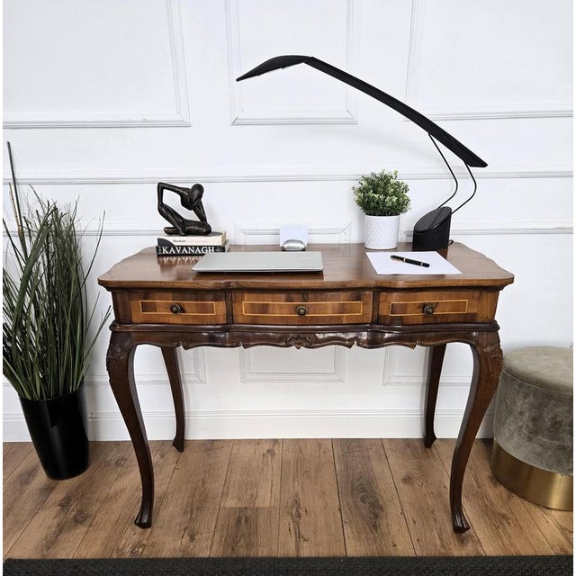 Beautiful Italian desk writing table, in beautiful veneer burl wood with great inlay decors and different fruitwoods,...