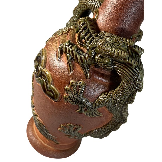 11+ In. Tall Vintage Japanese Tokoname-Yaki Style Pottery Vase Dark Green Glaze Dragon For Sale In New York - Image 6 of 16