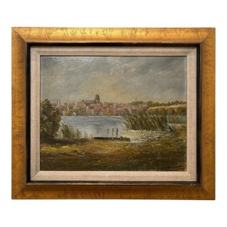 Vintage European Coastal Landscape Oil Painting | Framed Harbor Village Seascape For Sale