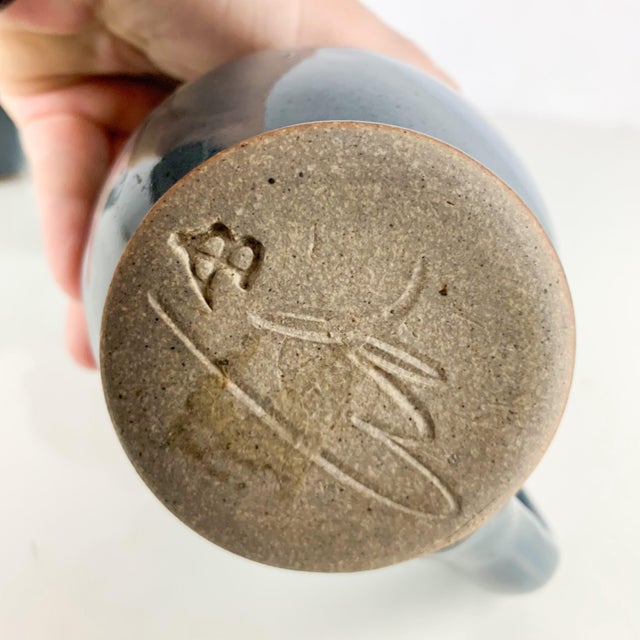 Abstract Vintage Abstract Studio Pottery Mug Sugar / Honey Creamer Set Signed Blue Green For Sale - Image 3 of 12