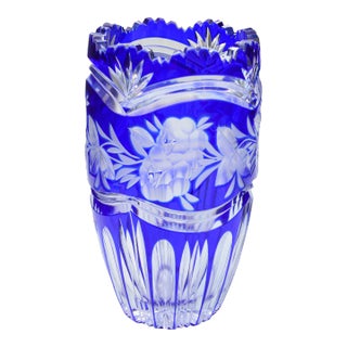 Vintage Blue Crystal-Cut Vase With Floral-Patterned Itching For Sale