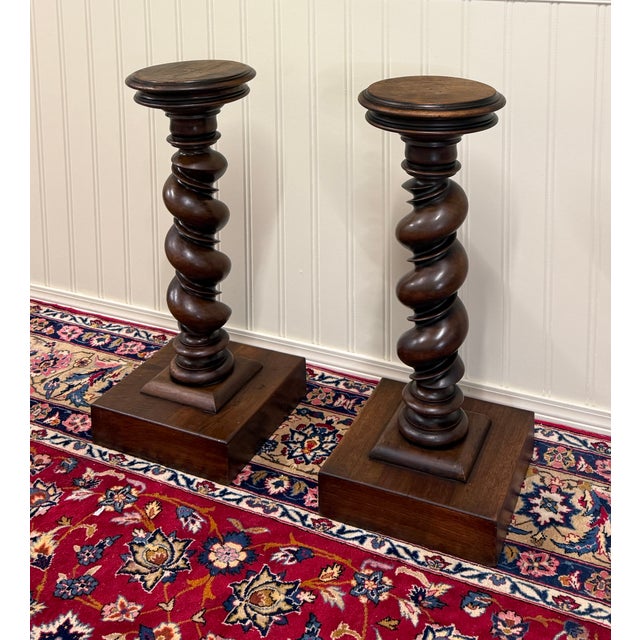 1920s Antique Pair French Louis XIII Barley Twist Pedestals Plant Stands Oak 33" T For Sale - Image 5 of 18