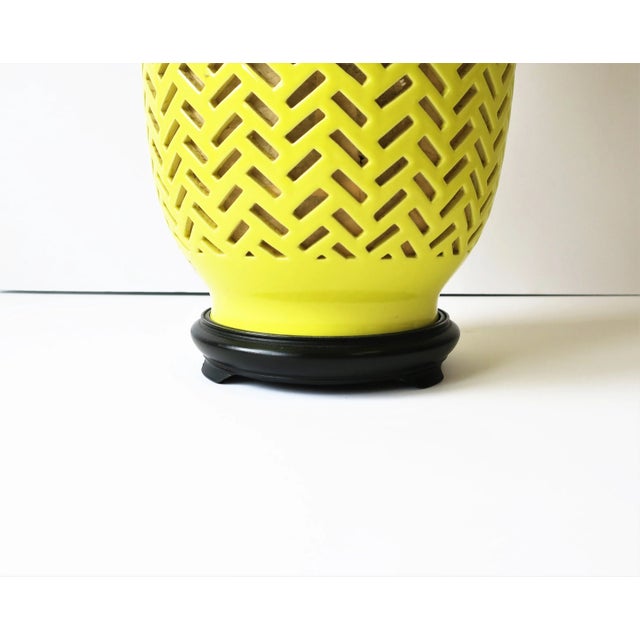 Bright Yellow Ceramic Chevron Chinoiserie Table or Desk Lamp With Silk Shade For Sale - Image 10 of 13