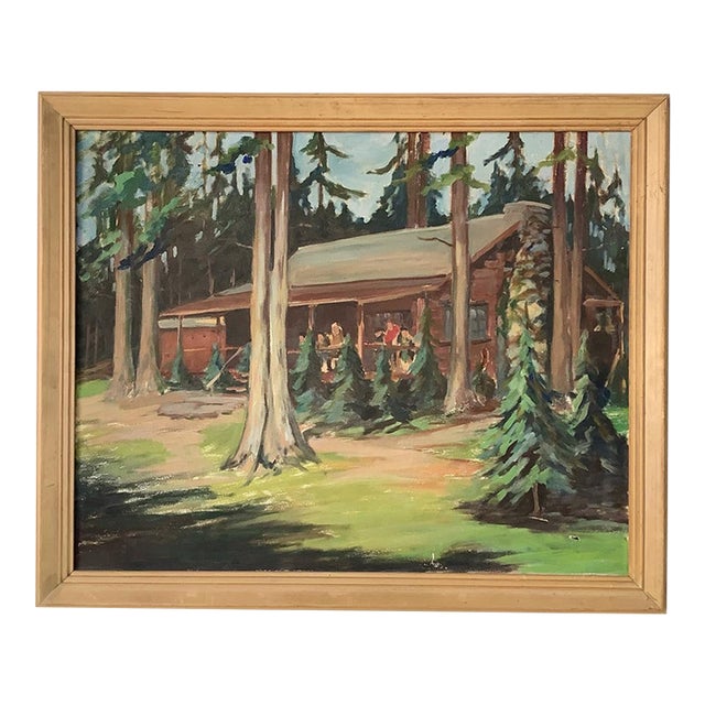 Circa 1940s Cabin in Woods Oil Painting For Sale