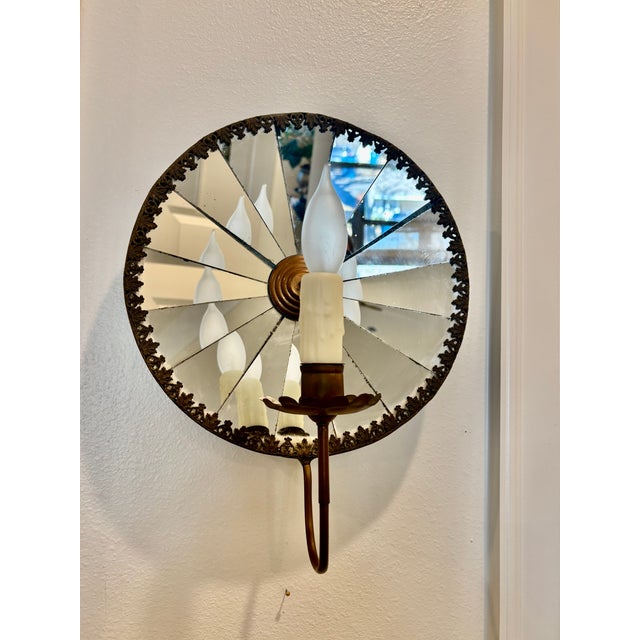 Metal Antique Large Scale French Concave Mirrored Reflector Sconces - A Pair For Sale - Image 7 of 18