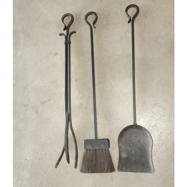 Set of Three Vintage French Country Black Iron Fireplace Tools Plus Poker Tool For Sale - Image 10 of 17
