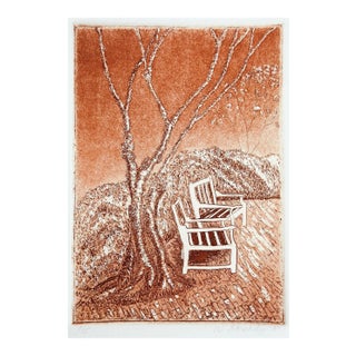 1981 Sepia Etching Garden Patio & Chairs For Sale