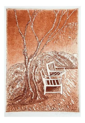 1981 Sepia Etching Garden Patio & Chairs