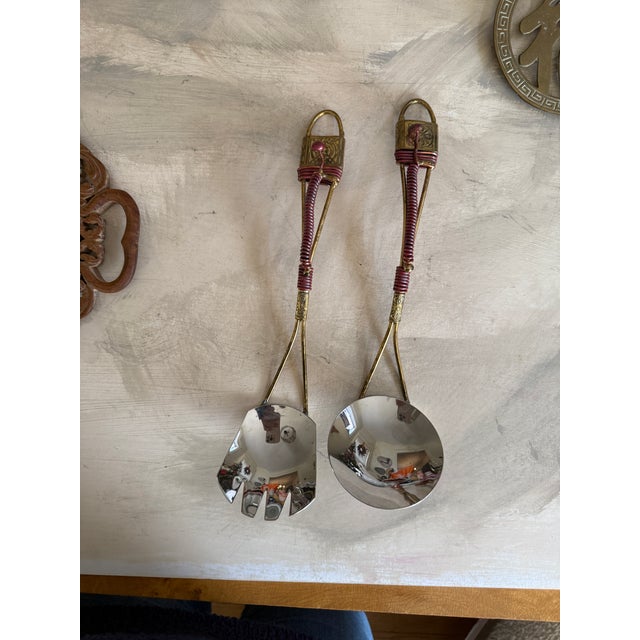 Vintage Brass Salad Servers With Red Wire Wrapped Handles Boho Tableware For Sale In Chicago - Image 6 of 9