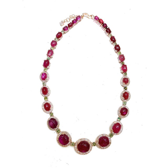 Art Deco Bochic “Capri” Vintage Ruby, White Topaz & Peridot Necklace Set in 18K & Silver For Sale - Image 3 of 9