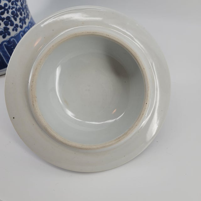 Vintage Large Hand-Painted Chinoiserie Blue & White Lotus Temple Porcelain Jar With Lid For Sale - Image 10 of 18