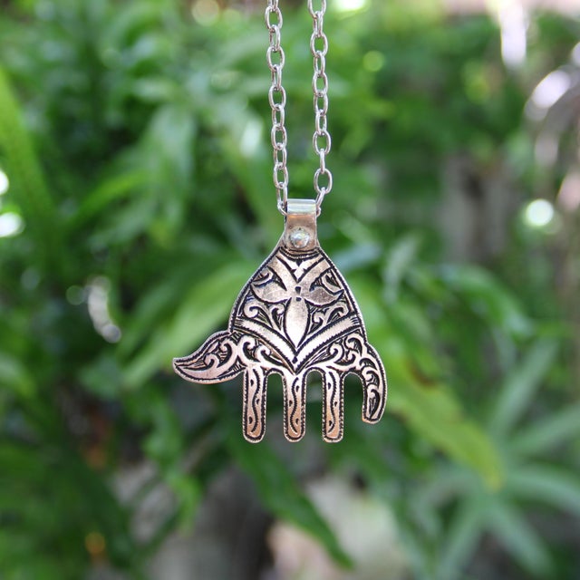 Silver Vintage Berber Hand of Fatima/ Hamsa Sterling Silver Pendant With Abstract Foliate Motif For Sale - Image 8 of 9