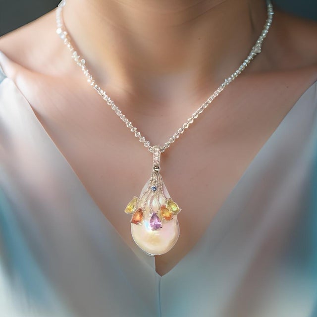 White Diamond Sapphire FW Pearl Necklace 14k Gold Italy Certified For Sale - Image 8 of 10