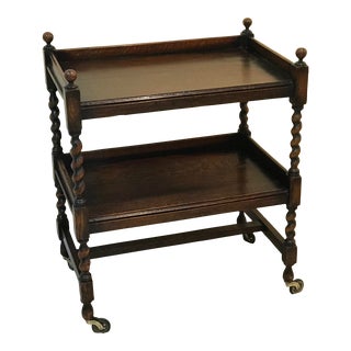 Late 19th Century Antique English Tiger Oak Bar Cart Trolley Server with Barley Twist Legs For Sale