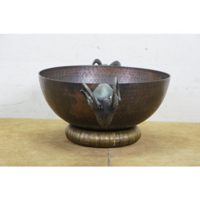 Vintage Hammered Brass Rams Bust Head Centerpiece Bowl 18" For Sale - Image 4 of 15
