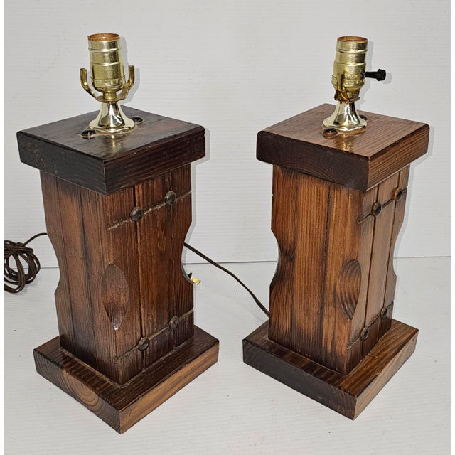 Pair of 1970s Handcrafted Rustic Solid Pine Framhouse Style Lamps For Sale In Washington DC - Image 6 of 9