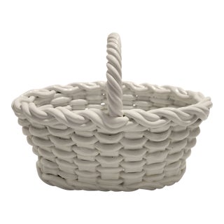 Vintage Mid-Century Italian White Woven Ceramic Lattice Basket With Rope Handle Majolica Style For Sale