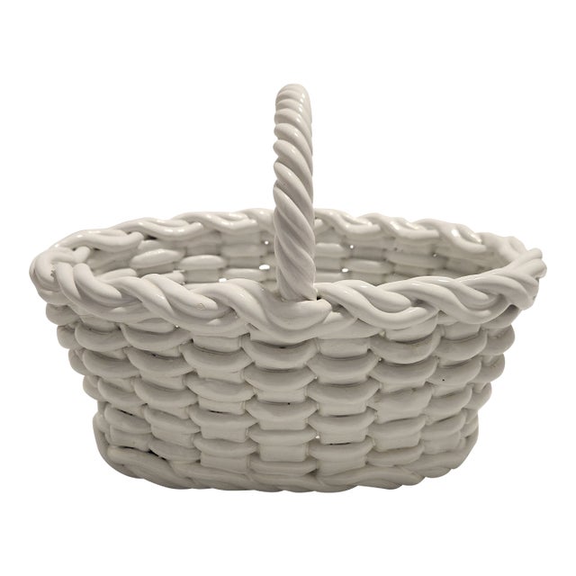 Vintage Mid-Century Italian White Woven Ceramic Lattice Basket With Rope Handle Majolica Style For Sale