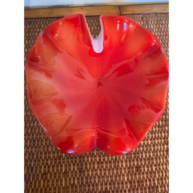 Mediterranean Murano Leaf-Form Red and Persimmon Ashtray or Candy Dish with Gold Flecks, Seguso Style For Sale - Image 3 of 6