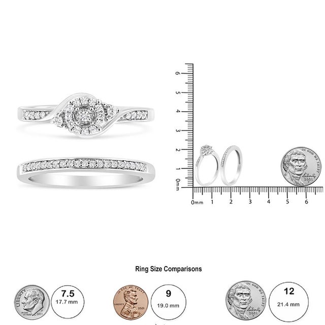 .925 Sterling Silver 1/4 Cttw Diamond Halo and Swirl Engagement Ring and Wedding Band Set (I-J Color, I3 Clarity)- Ring Size 9 For Sale In New York - Image 6 of 6