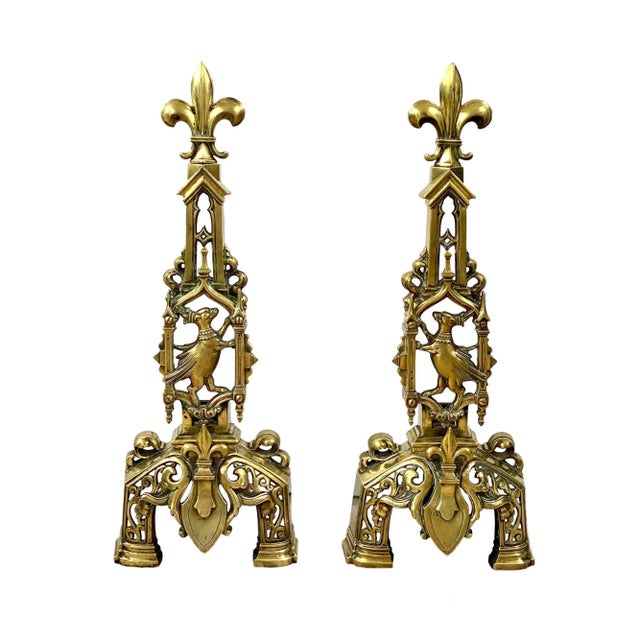 19th C. French Gothic Revival Brass Andirons- a Pair For Sale In Charleston - Image 6 of 6