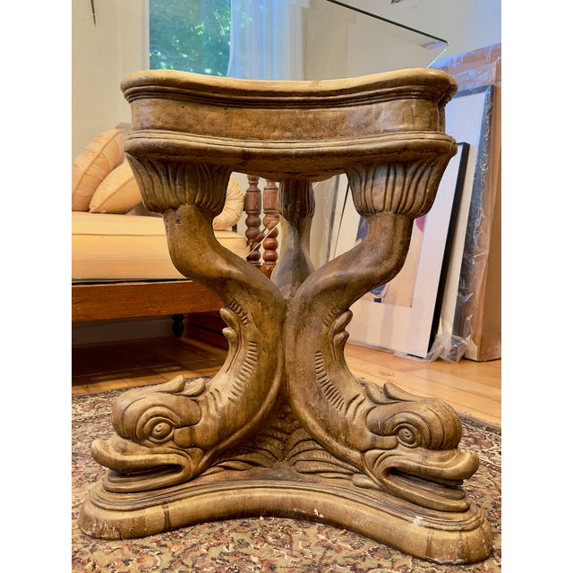 Vintage Carved Plaster Dolphin Table Bases (Pair) With Beveled Glass Top For Sale - Image 4 of 8