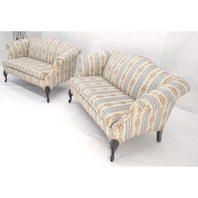 Pair of Camelback Loveseat Blue & White Striped & Floral Upholstery MINT! For Sale - Image 15 of 18