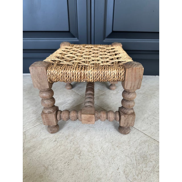 Mid 20th Century Vintage French Audoux Minet Style Handcrafted Rope & Wood Stool For Sale - Image 5 of 16