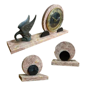 1930s Marefbay French Art Deco Ucra Bronze Swan Marble Mantle Garniture Clock Set- 3 Pieces
