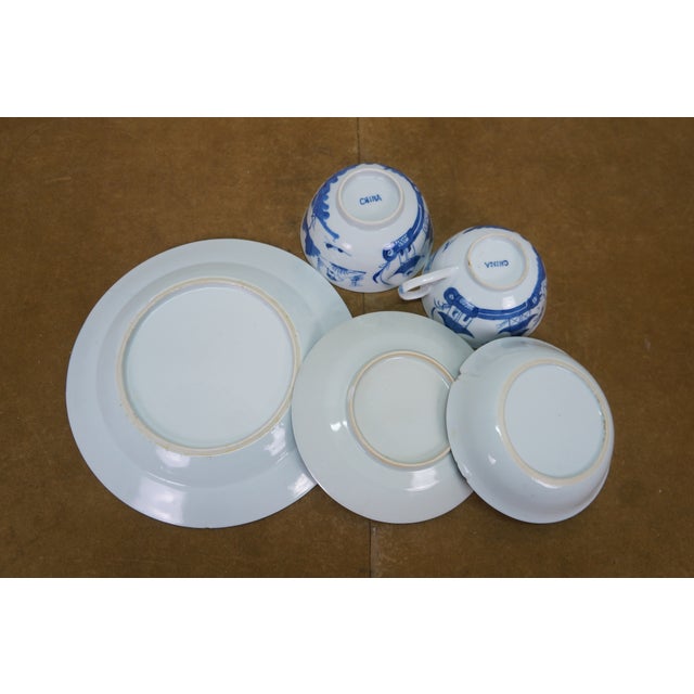 46 Pc Vintage Chinese Export Canton Blue & White Porcelain Pagoda Dinnerware Set For Sale - Image 11 of 15