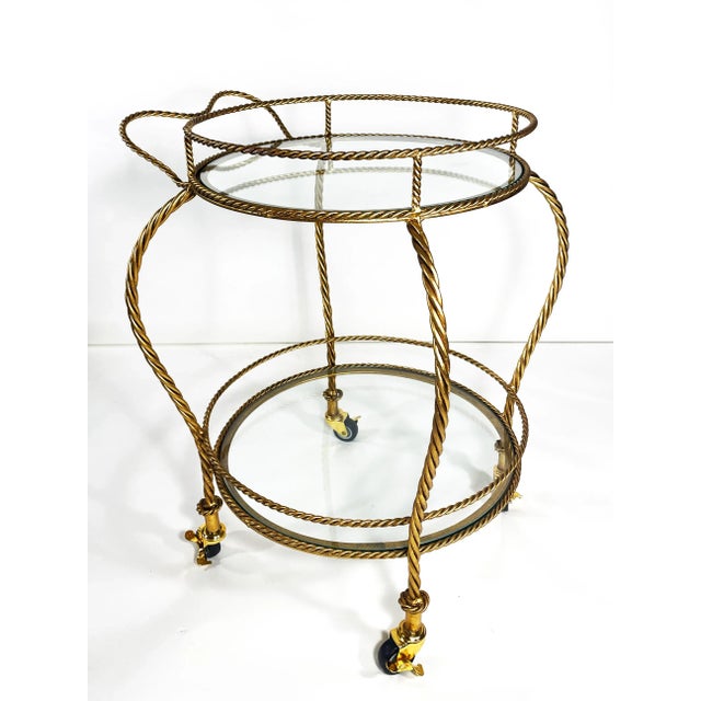 1960s Italian Gilt Iron Rope Bar Cart With Glass Shelves For Sale - Image 4 of 8