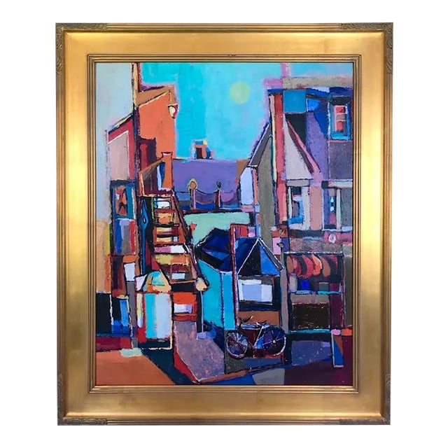 Mid Century Modern Abstract Cubist Cityscape Oil Painting by Robert Kaupelis For Sale
