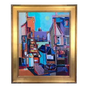 Mid Century Modern Abstract Cubist Cityscape Oil Painting by Robert Kaupelis