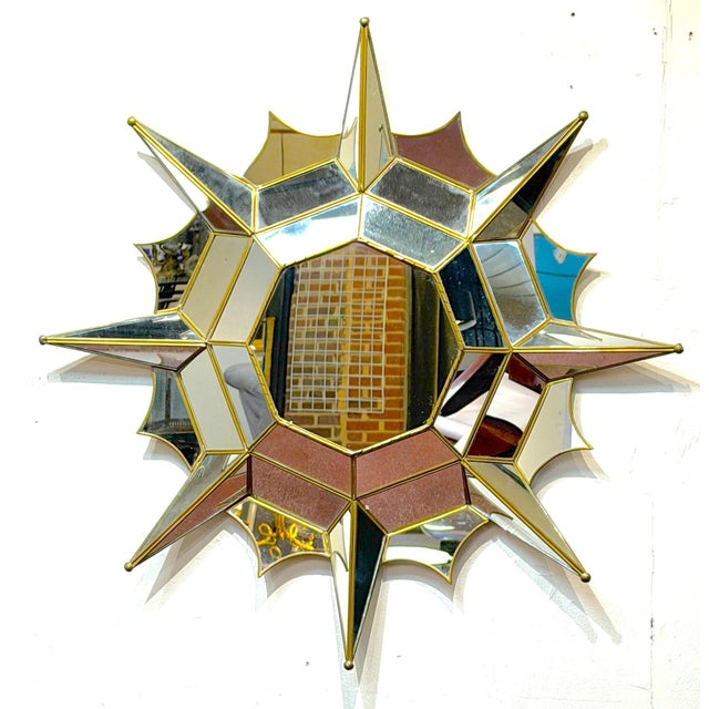 Metal Mexican Modern Gilt Metal Sunburst Mirror Style of Sergio Bustamante, 1989 For Sale - Image 7 of 11