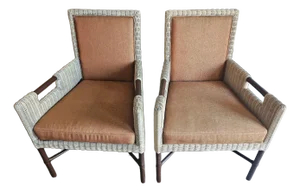 1990s McGuire Organic Modern Woven Bamboo Rattan and Hardwood Pair of Lounge Chairs