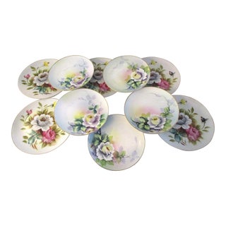 Mid-Century Japanese Hand-Painted Floral Plates, S/10 For Sale